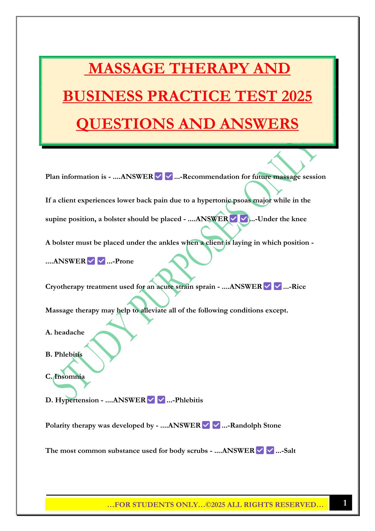 MASSAGE THERAPY AND BUSINESS PRACTICE TEST 2025 QUESTIONS AND ANSWERS