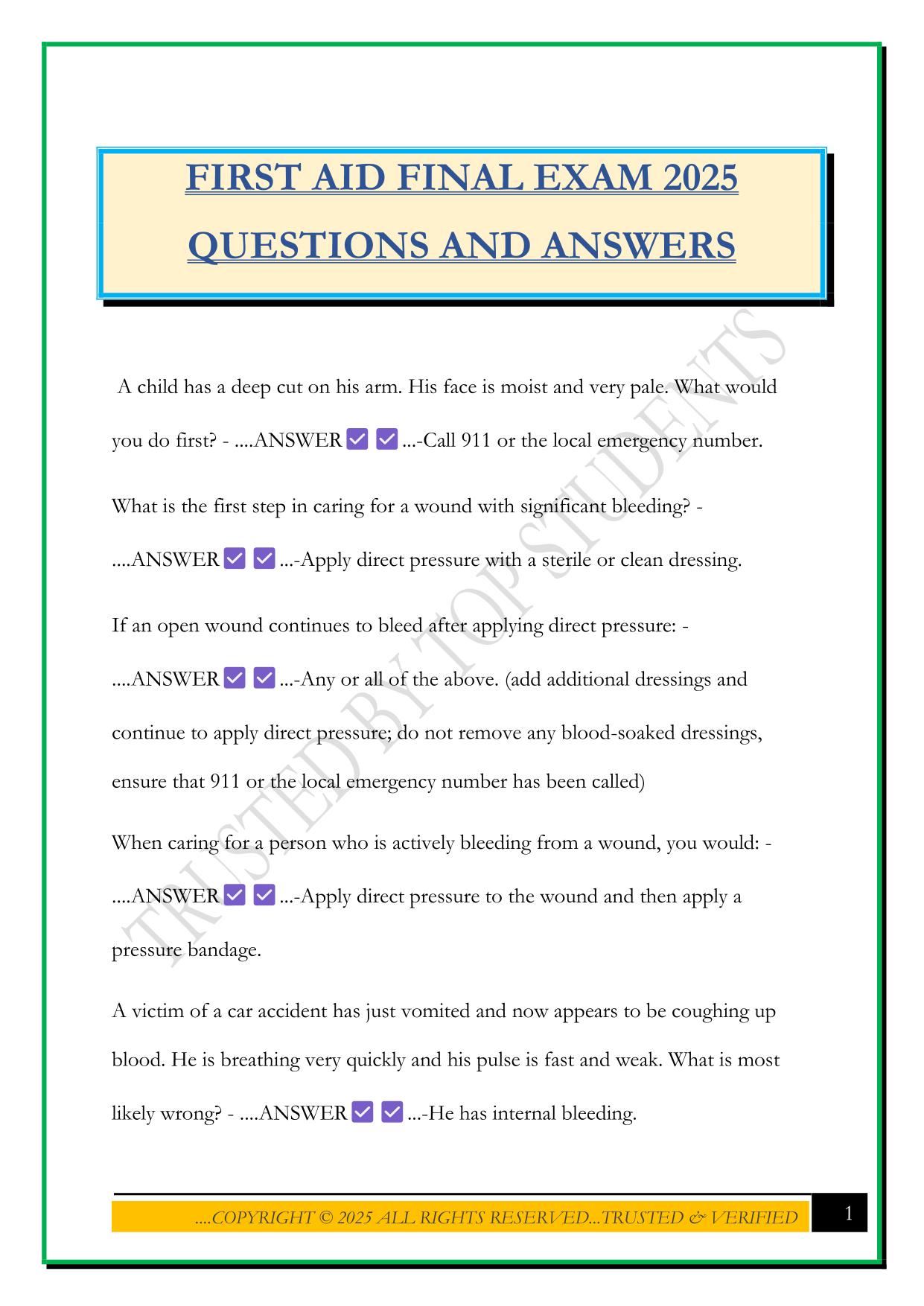 FIRST AID FINAL EXAM 2025 QUESTIONS AND ANSWERS