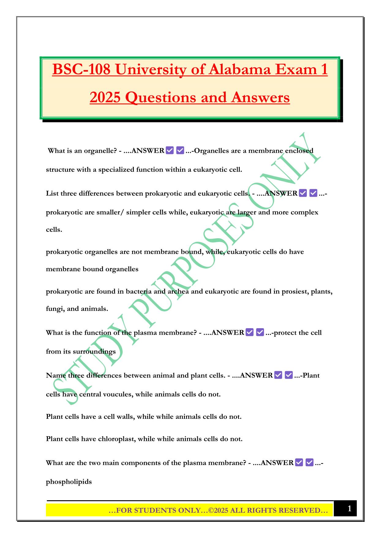 BSC-108 University of Alabama Exam 1 2025 Questions and Answers