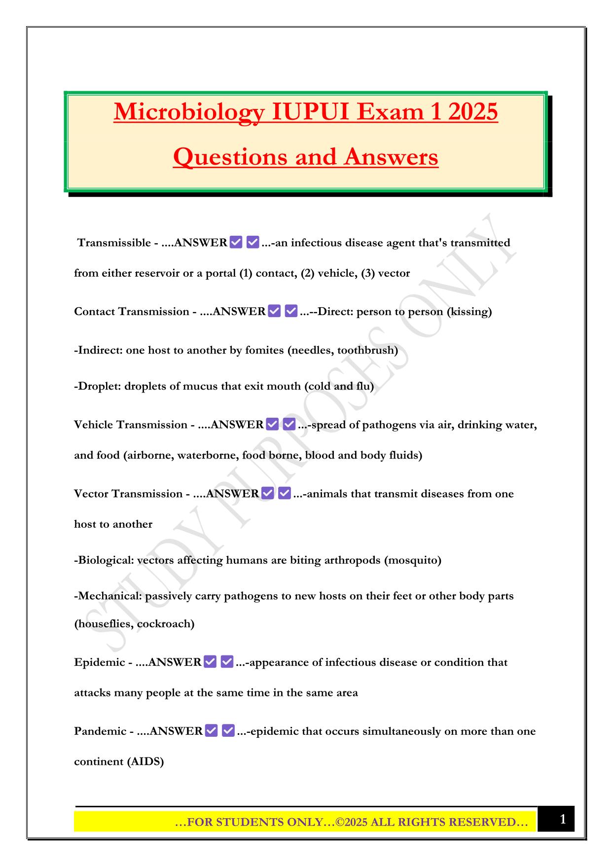 Microbiology IUPUI Exam 1 2025 Questions and Answers