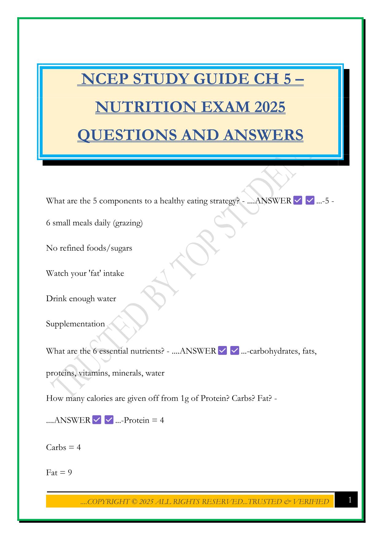NCEP STUDY GUIDE CH 5 – NUTRITION EXAM 2025 QUESTIONS AND ANSWERS