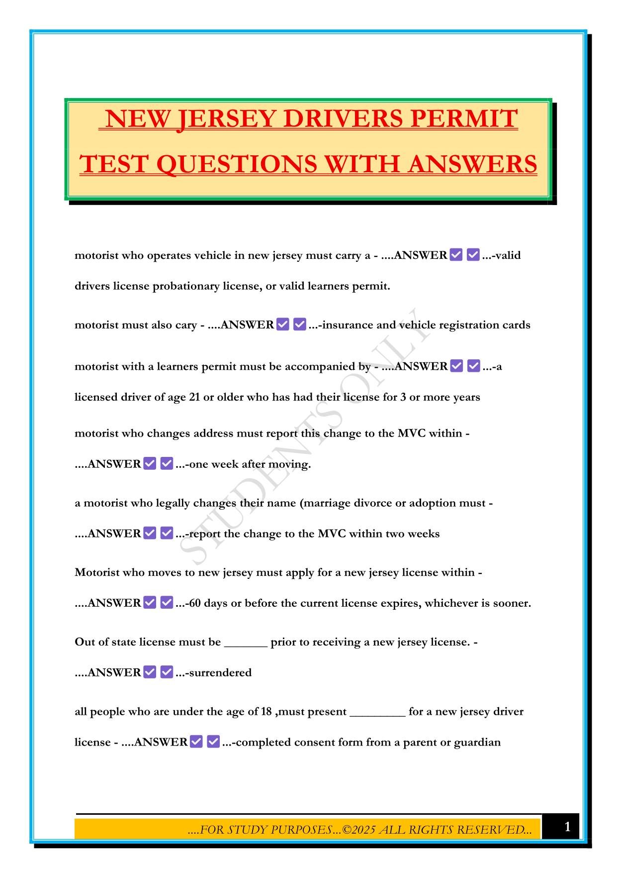 NEW JERSEY DMV PERMIT Bundled Exams 2025/2026 |Questions and Answers |100% Pass