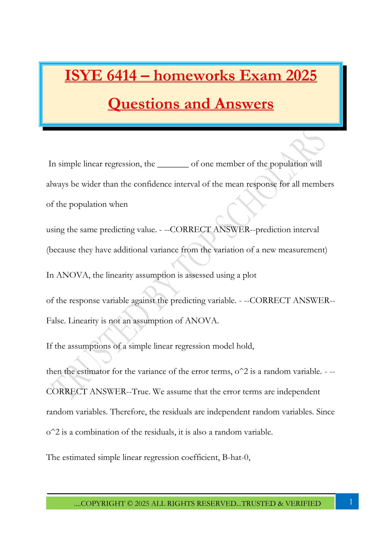 ISYE 6414 – homeworks Exam 2025 Questions and Answers