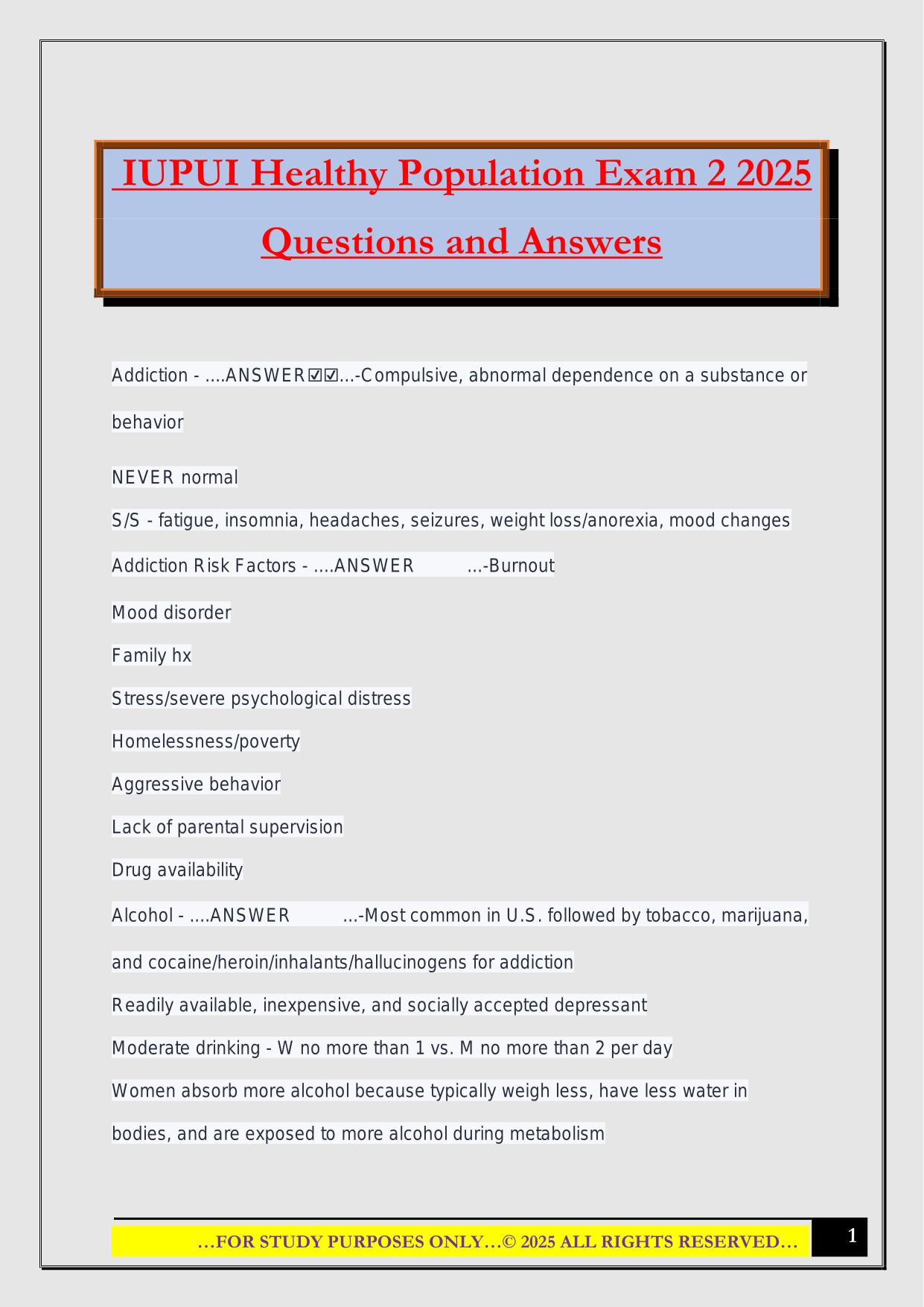 IUPUI Healthy Population Exam 2 2025 Questions and Answers