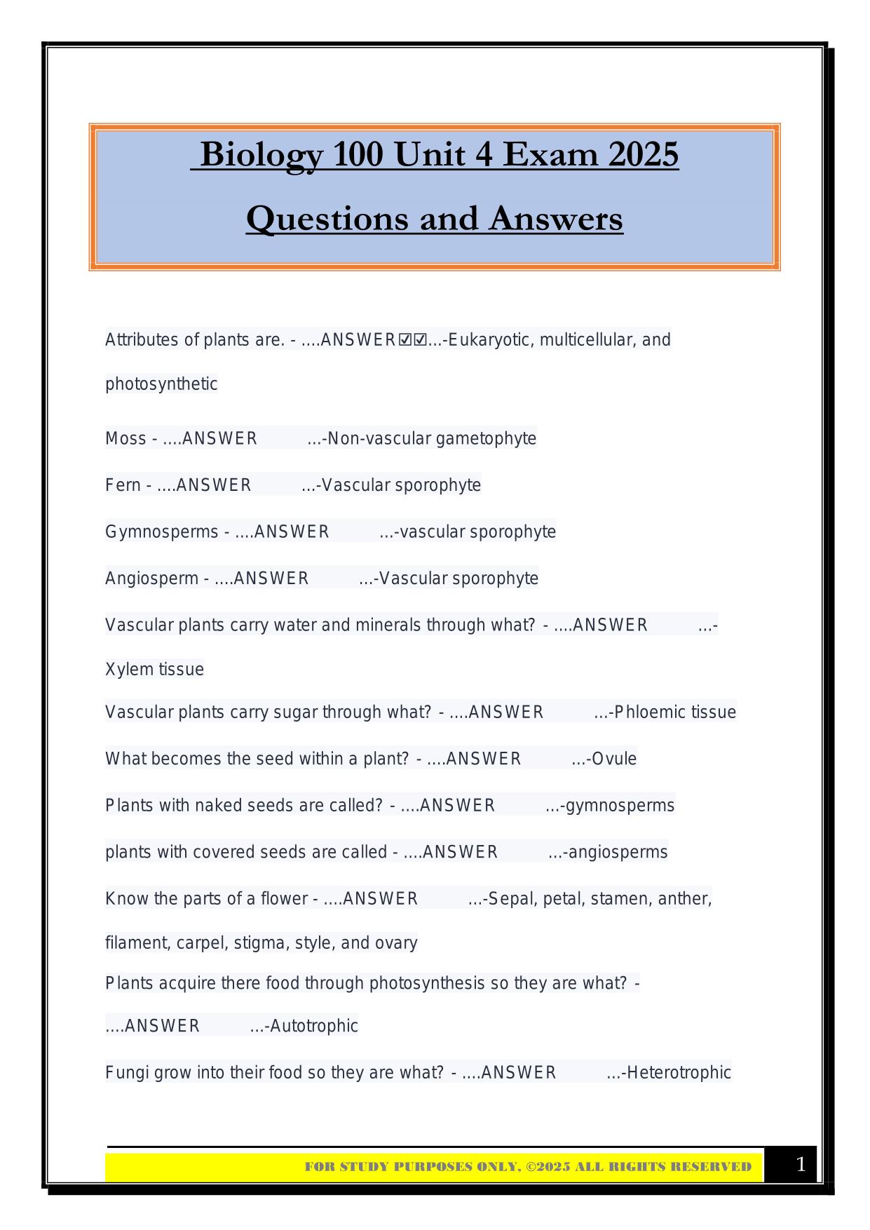 Biology 100 Unit 4 Exam 2025 Questions and Answers