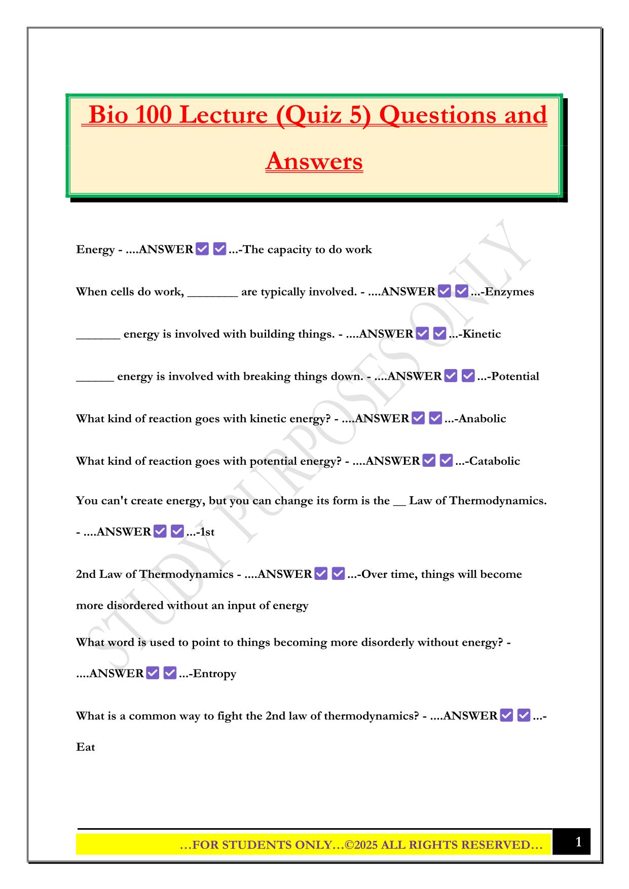 Bio 100 Lecture (Quiz 5) Questions and Answers