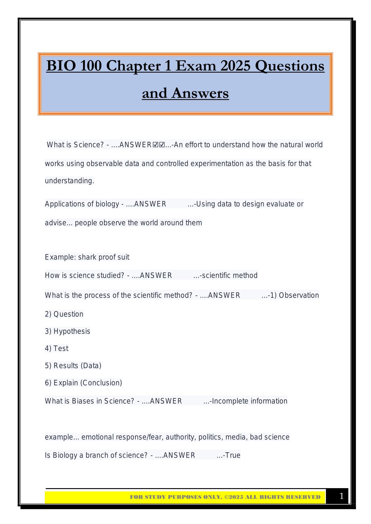 BIO 100 Chapter 1 Exam 2025 Questions and Answers