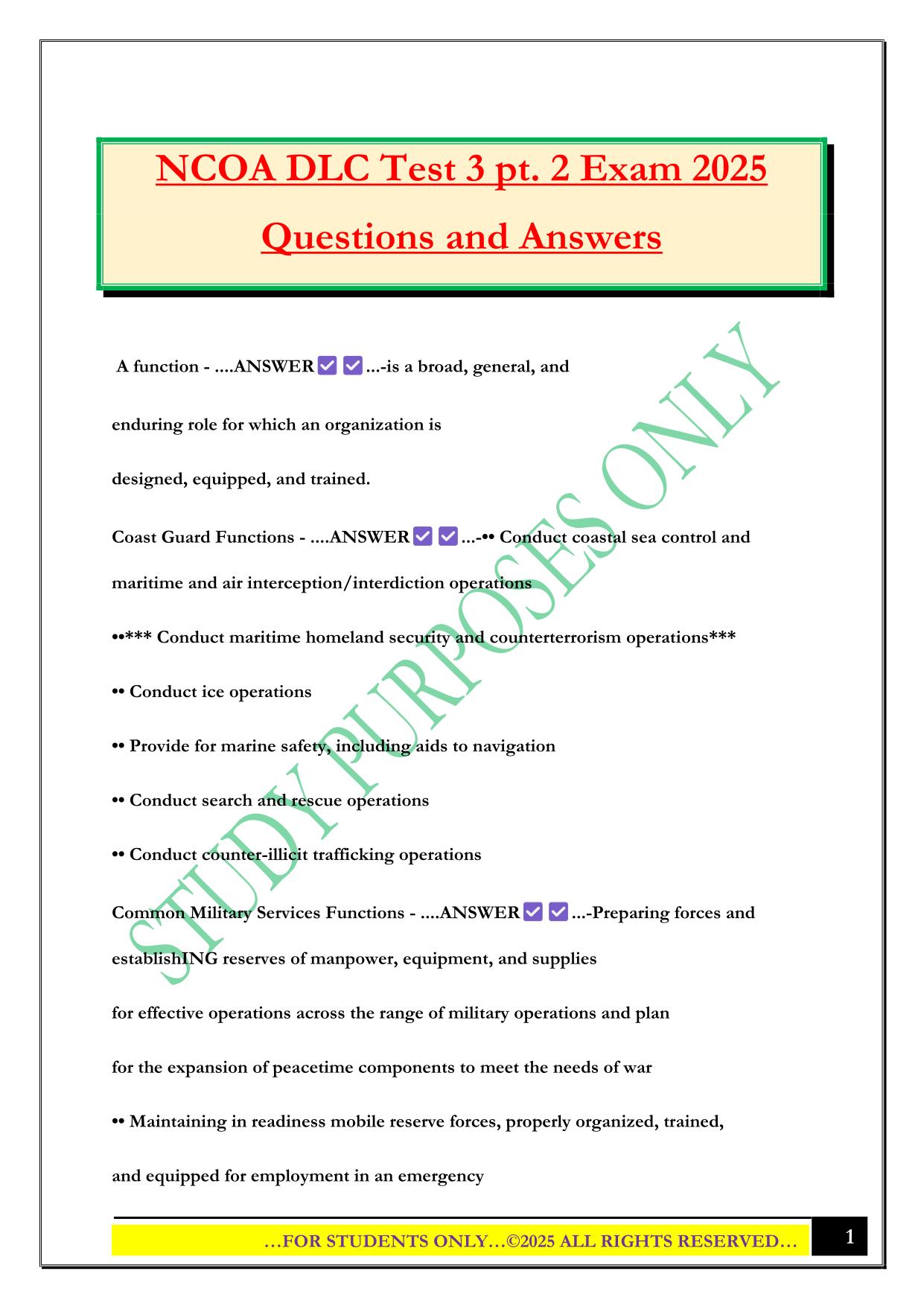 NCOA DLC Test 3 pt. 2 Exam 2025 Questions and Answers