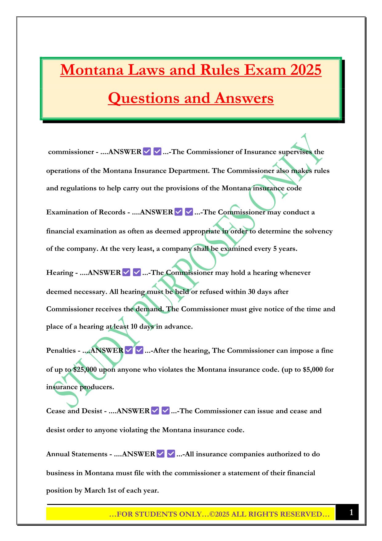 Montana Laws and Rules Exam 2025 Questions and Answers