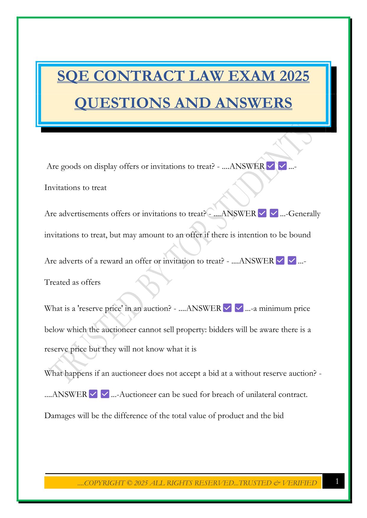 SQE CONTRACT LAW EXAM 2025 QUESTIONS AND ANSWERS