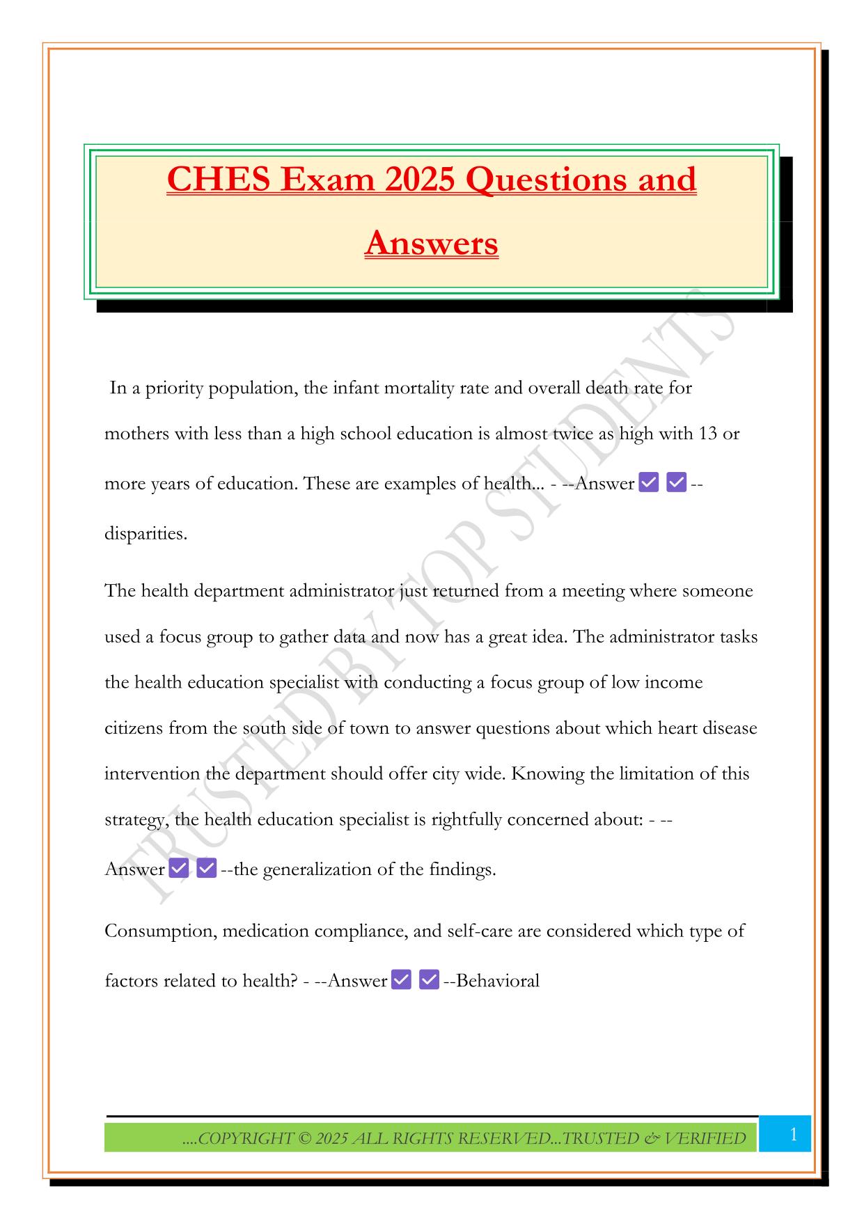 CHES Exam 2025 Questions and Answers