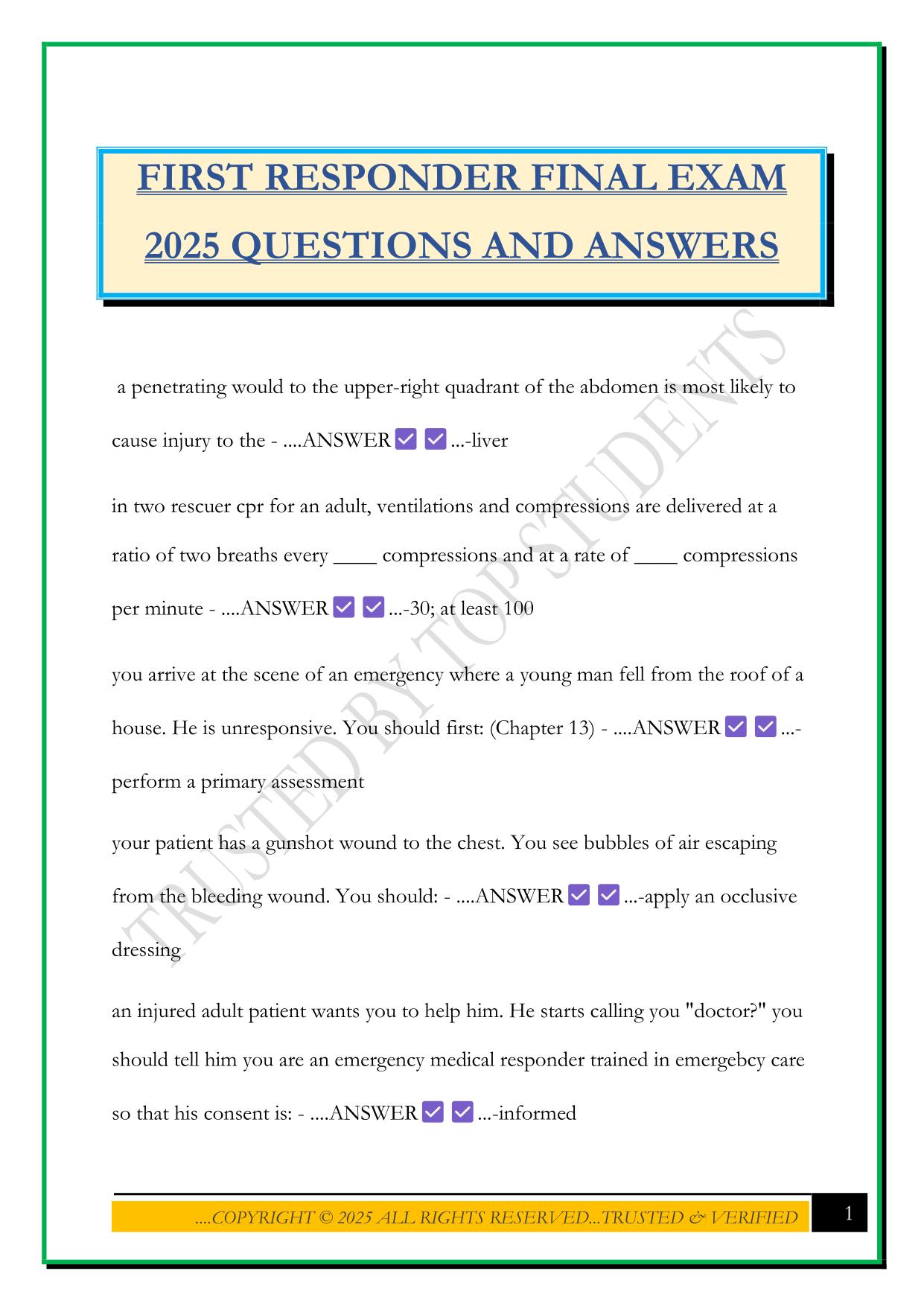 FIRST RESPONDER FINAL EXAM 2025 QUESTIONS AND ANSWERS