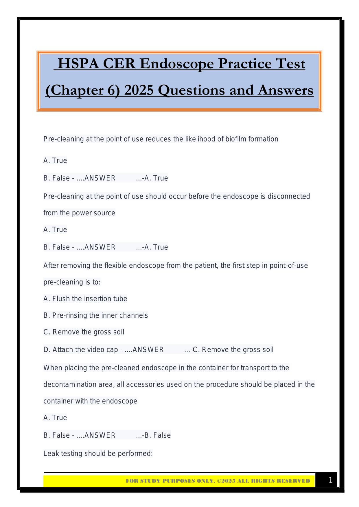 HSPA CER Endoscope Practice Test (Chapter 6) 2025 Questions and Answers