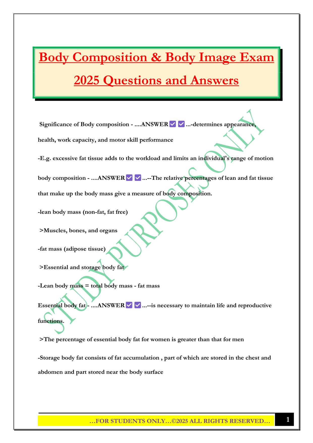 Body Composition & Body Image Exam 2025 Questions and Answers