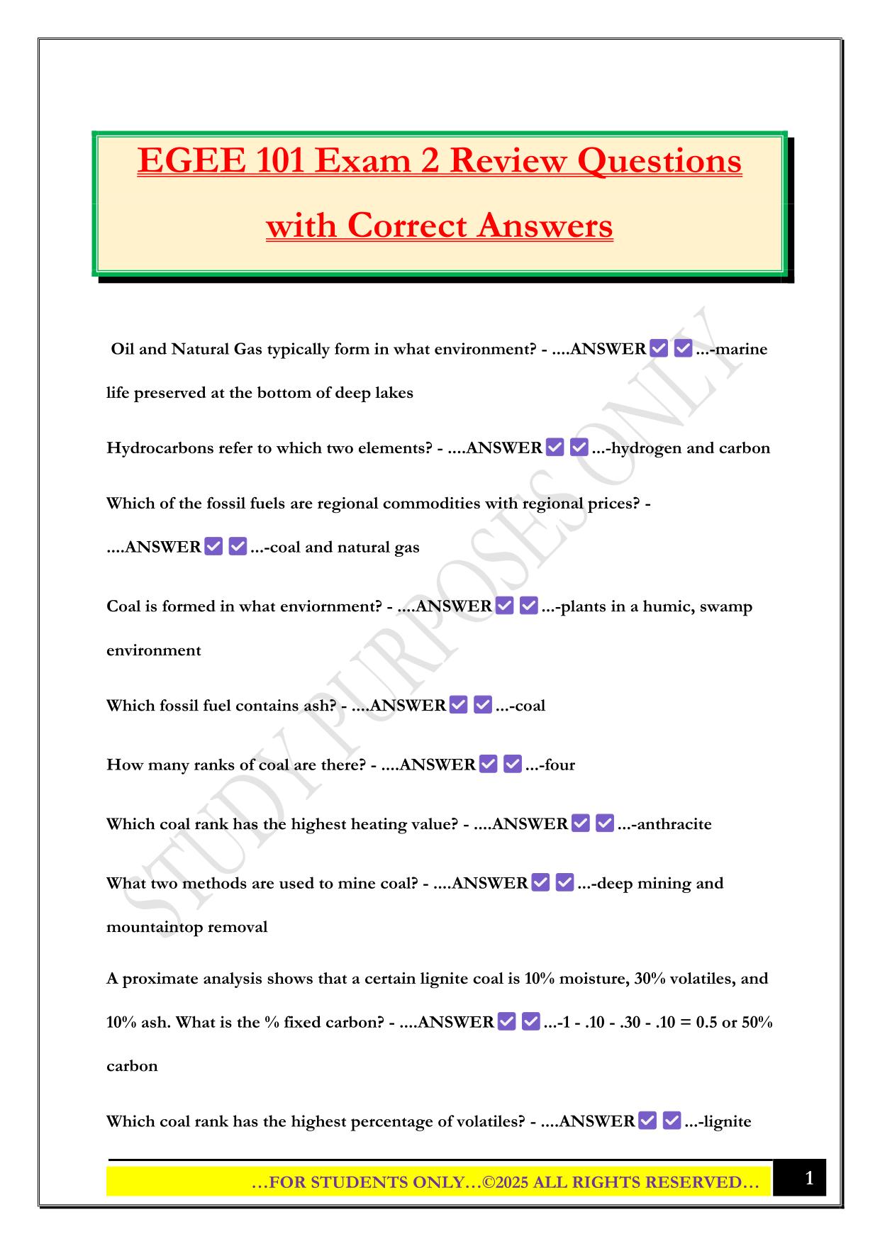 EGEE 101 Exam 2 Review Questions with Correct Answers