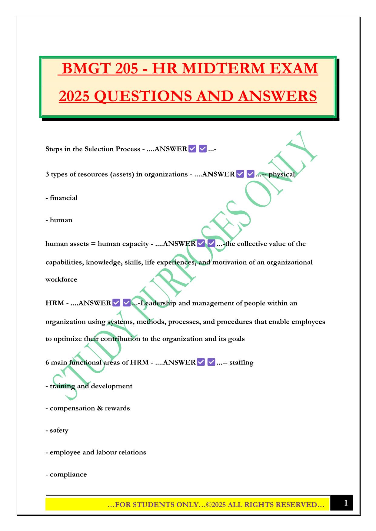 BMGT 205 - HR MIDTERM EXAM 2025 QUESTIONS AND ANSWERS