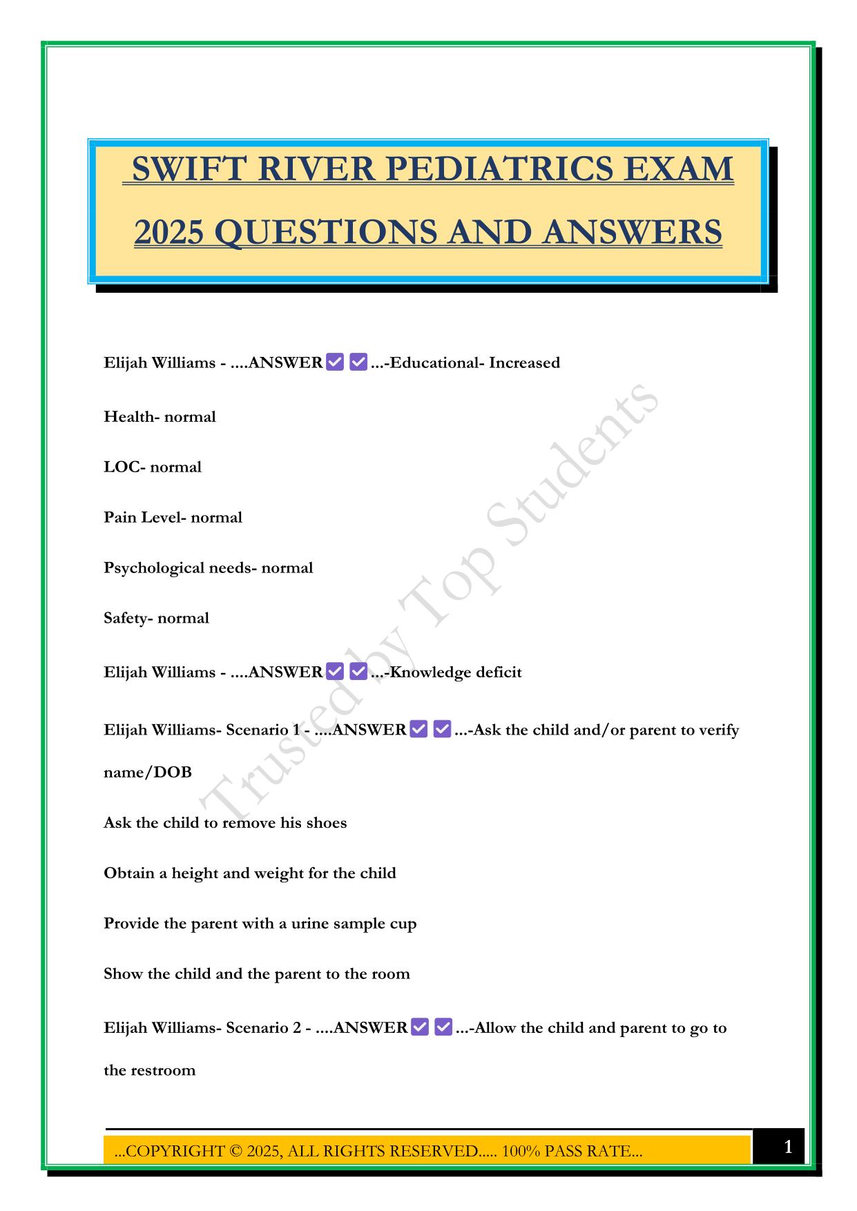 SWIFT RIVER PEDIATRICS EXAM 2025 QUESTIONS AND ANSWERS