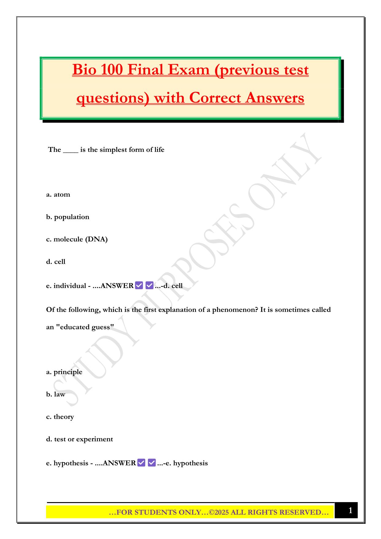 Bio 100 Final Exam (previous test questions) with Correct Answers