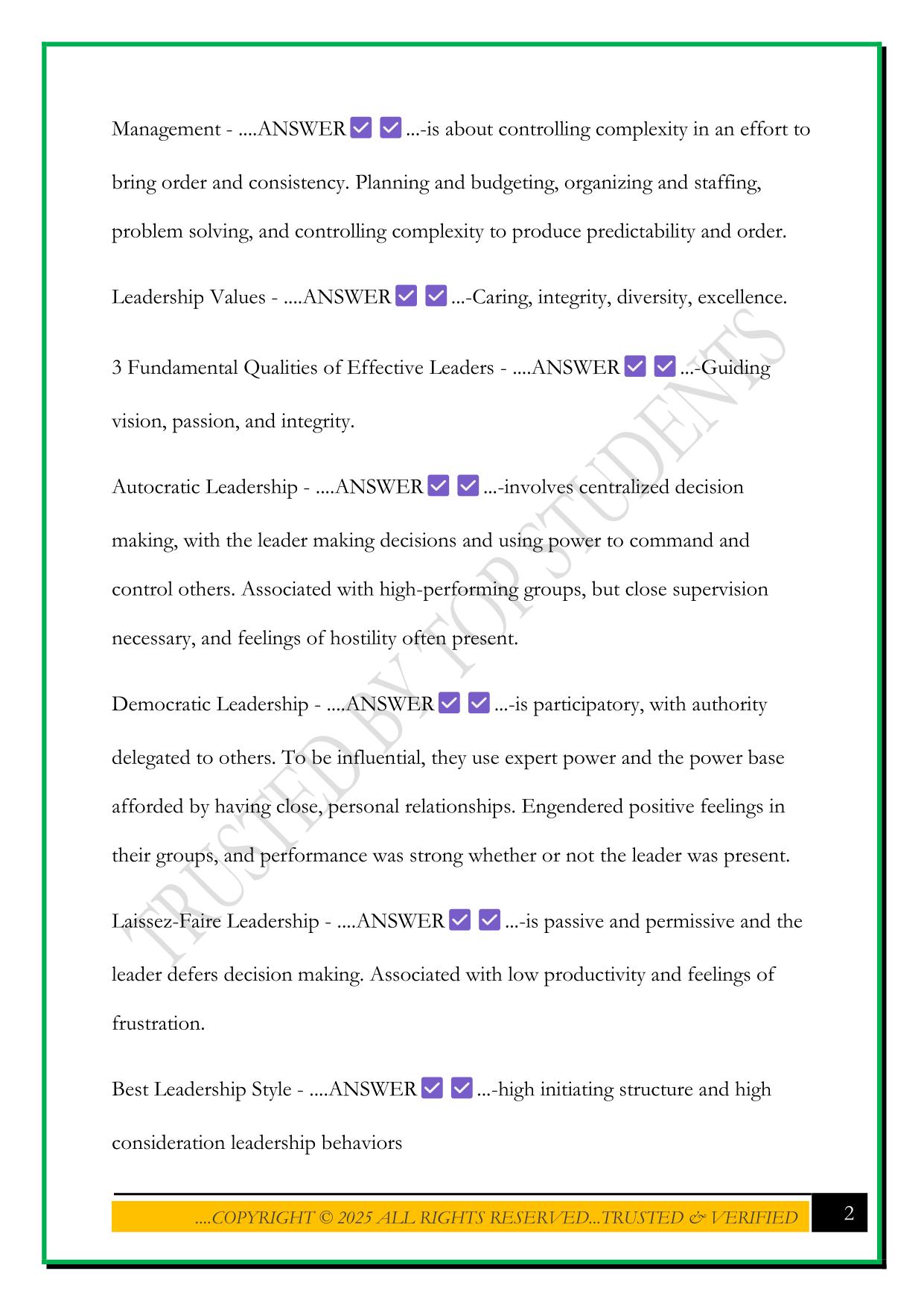 NURSING LEADERSHIP & MANAGEMENT CHAPTER 1 EXAM 2025 QUESTIONS AND ANSWERS