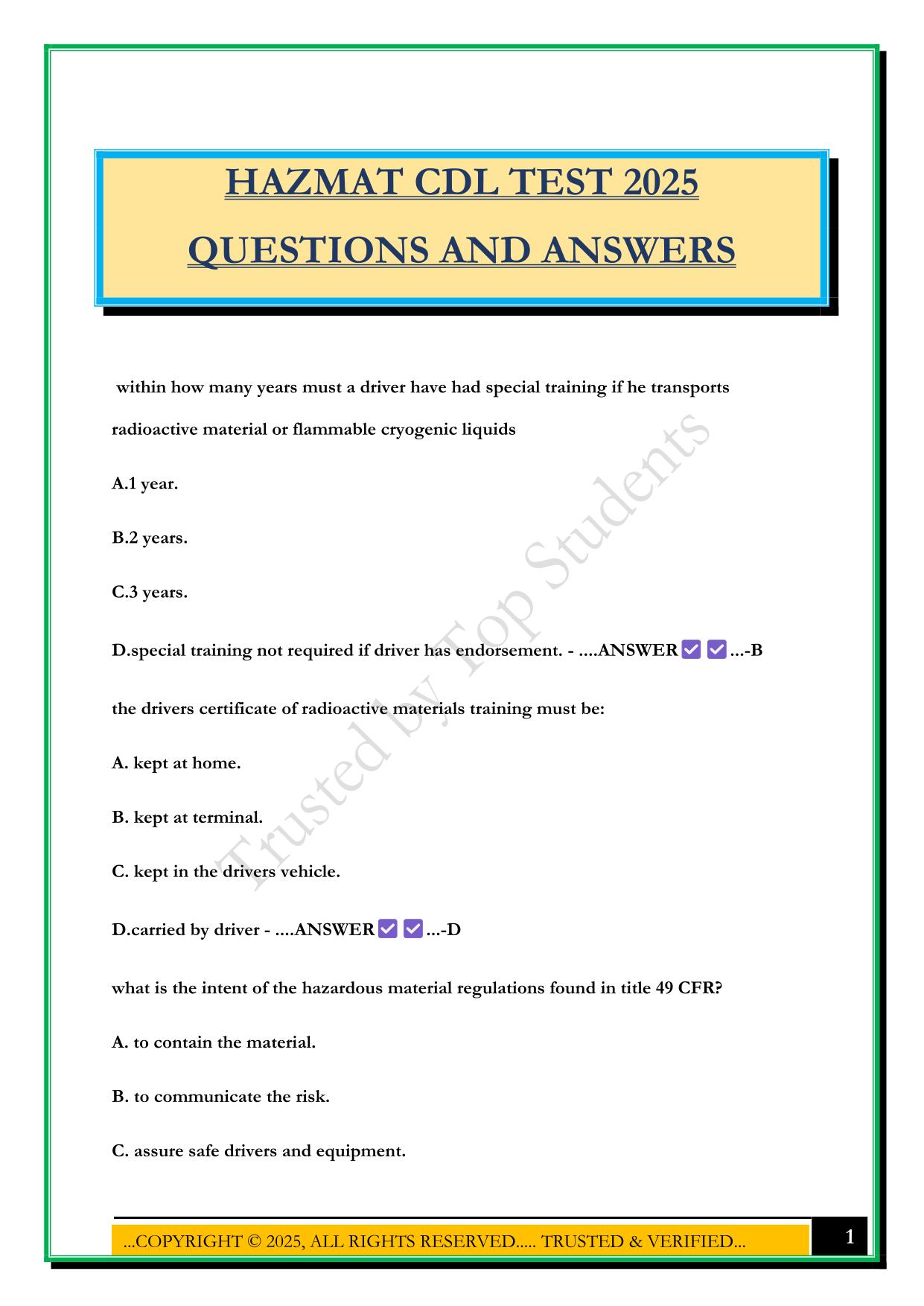 HAZMAT CDL TEST 2025 QUESTIONS AND ANSWERS