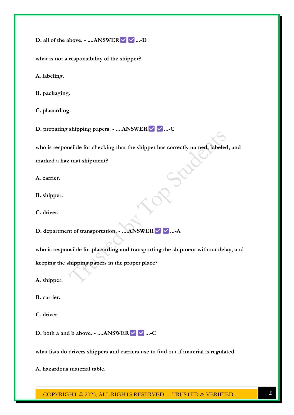 HAZMAT CDL TEST 2025 QUESTIONS AND ANSWERS