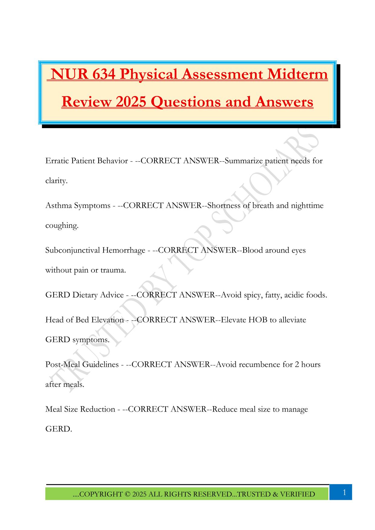 NUR 634 Physical Assessment Midterm Review 2025 Questions and Answers