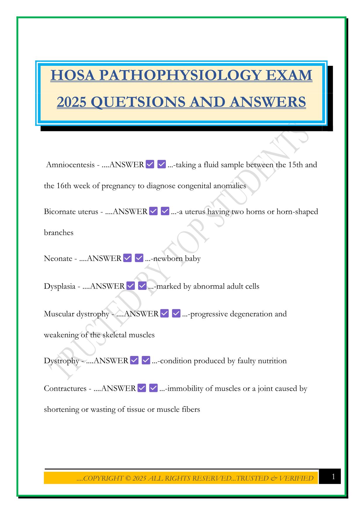 HOSA PATHOPHYSIOLOGY EXAM 2025 QUETSIONS AND ANSWERS