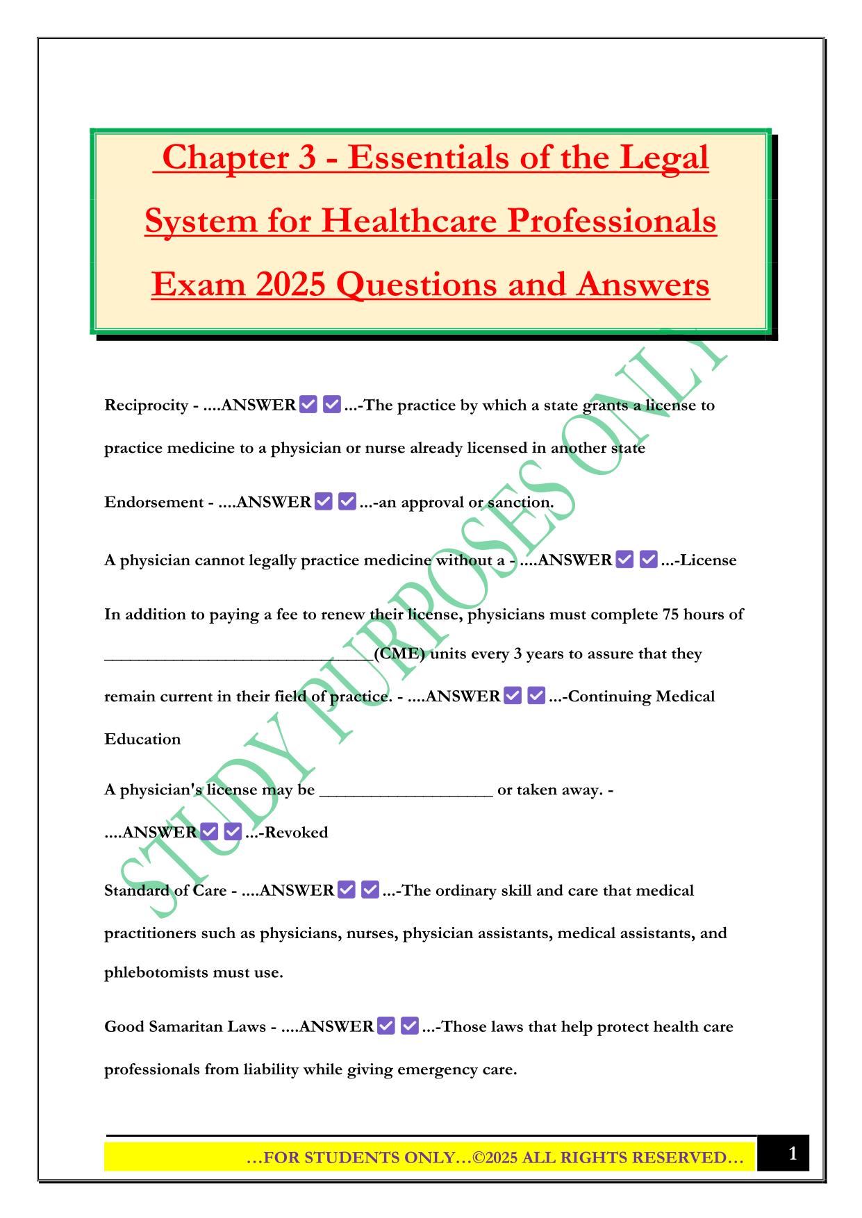 Chapter 3 - Essentials of the Legal System for Healthcare Professionals Exam 2025 Questions and Answers