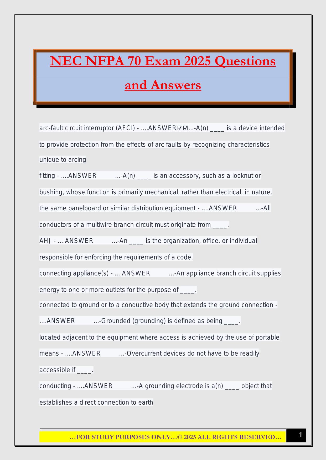 NEC NFPA 70 Exam 2025 Questions and Answers
