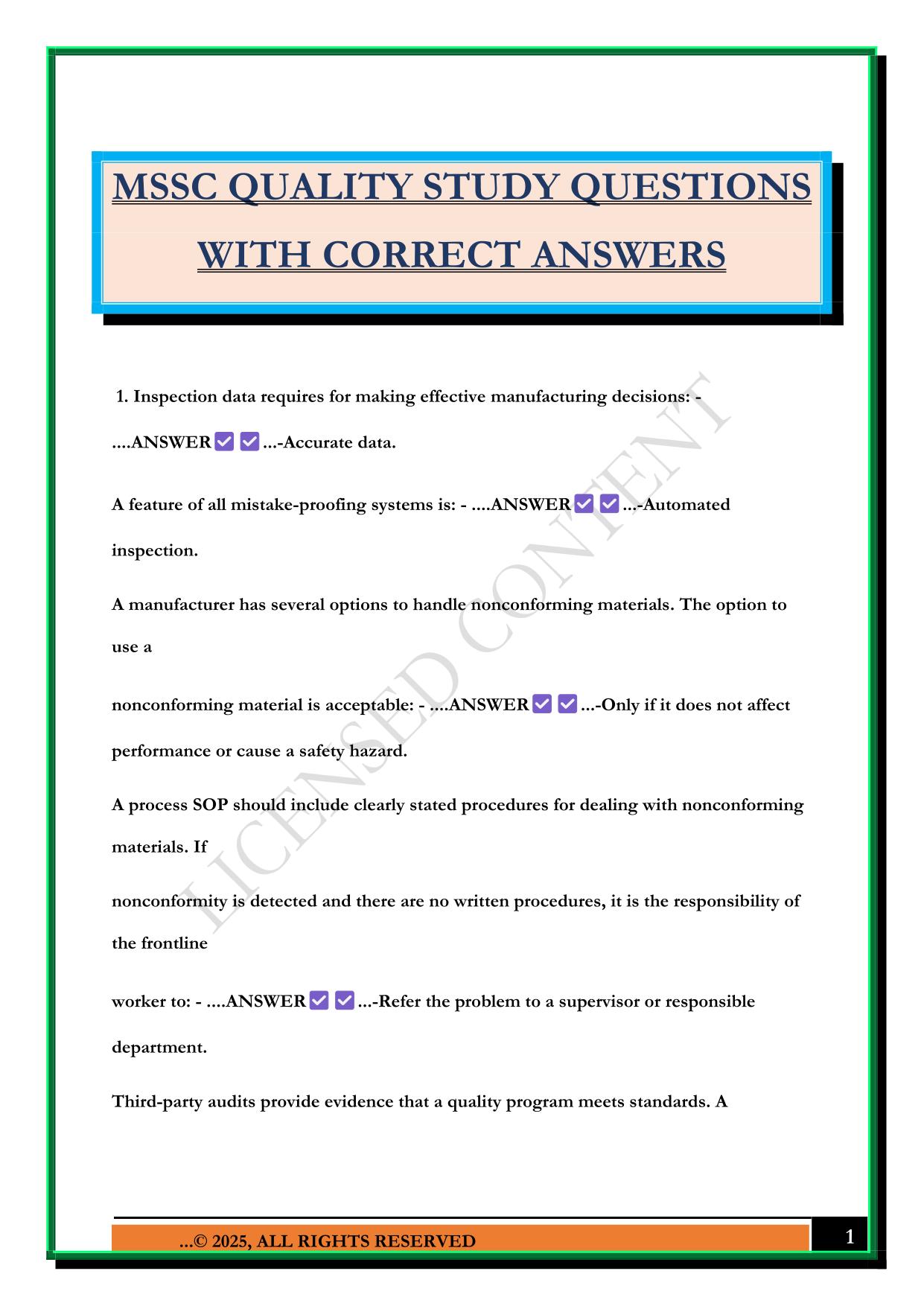 MSSC QUALITY STUDY QUESTIONS WITH CORRECT ANSWERS