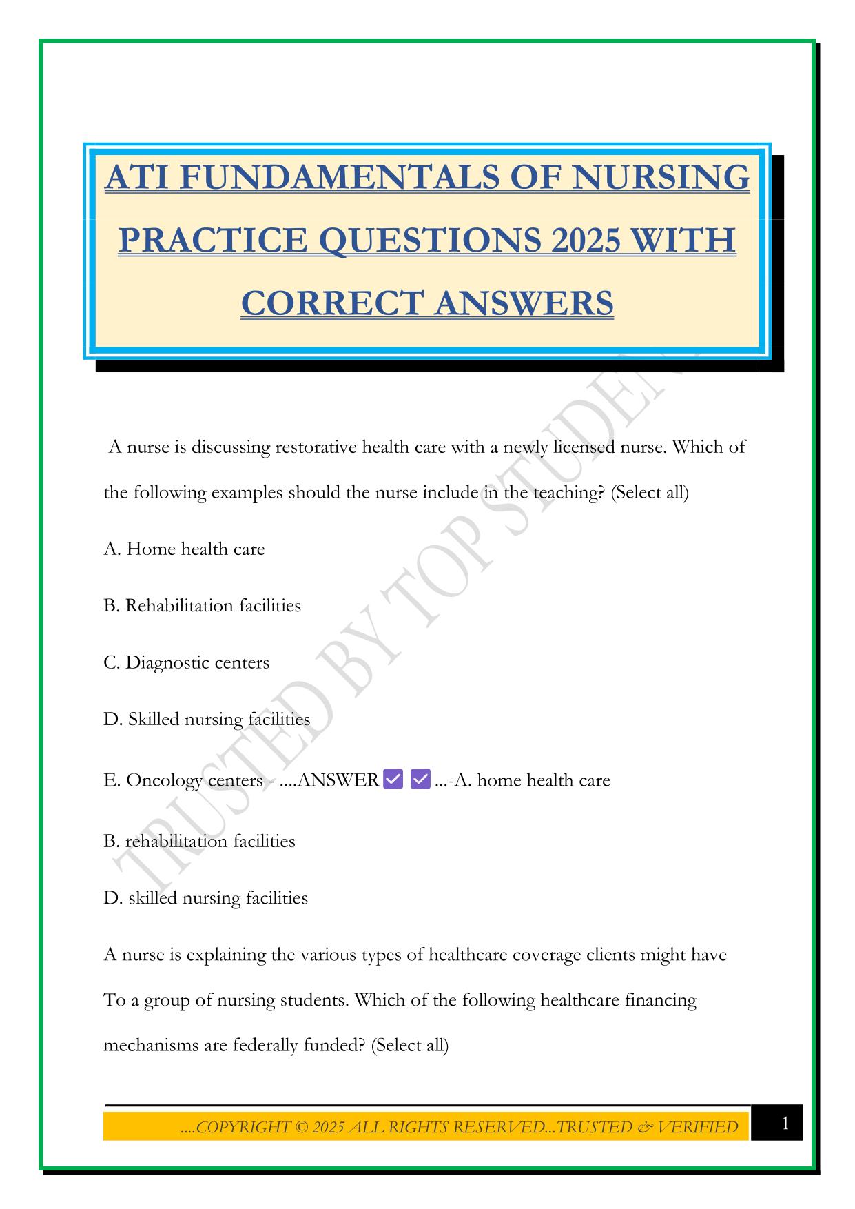 ATI FUNDAMENTALS OF NURSING PRACTICE QUESTIONS 2025 WITH CORRECT ANSWERS