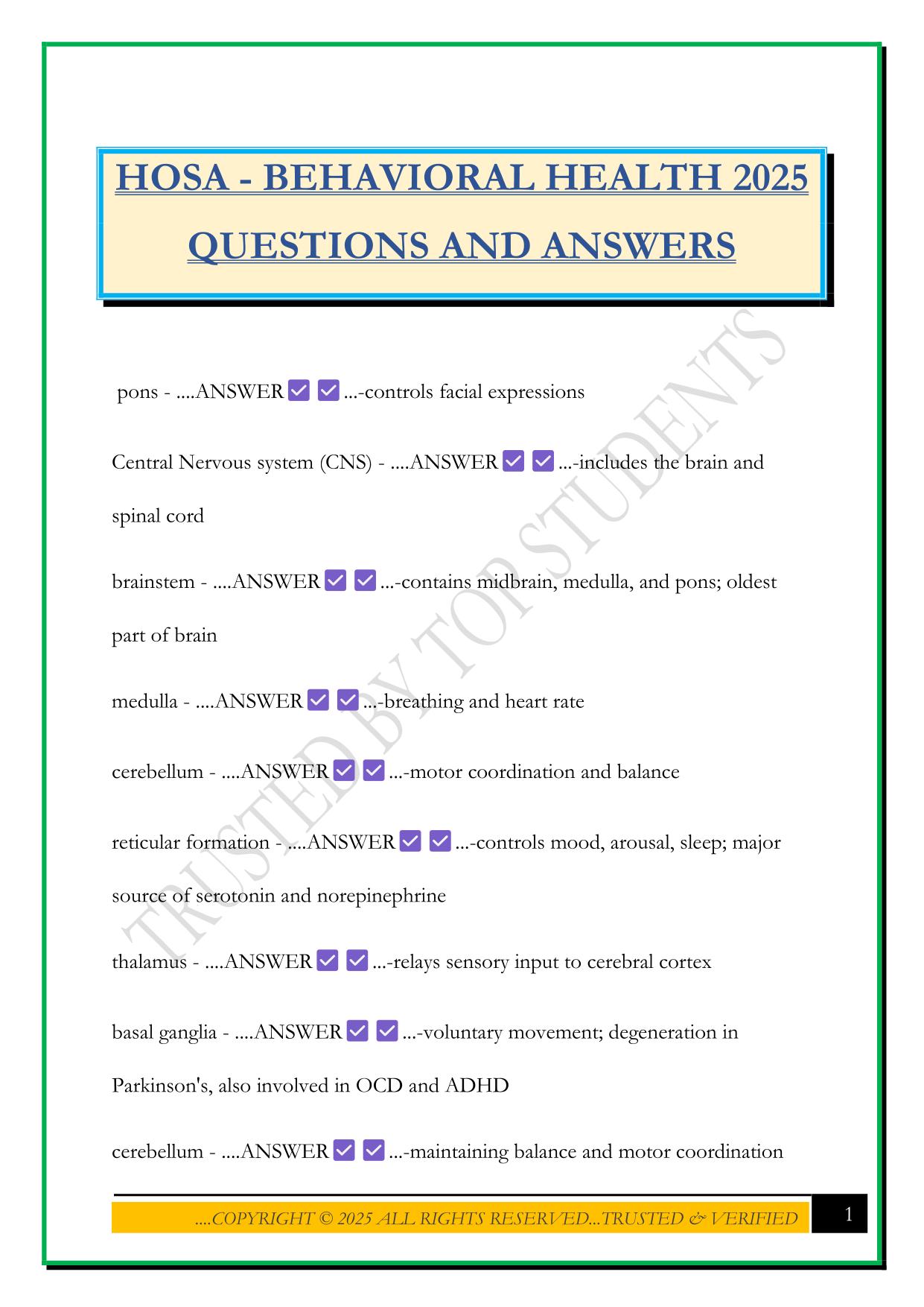 HOSA - BEHAVIORAL HEALTH 2025 QUESTIONS AND ANSWERS