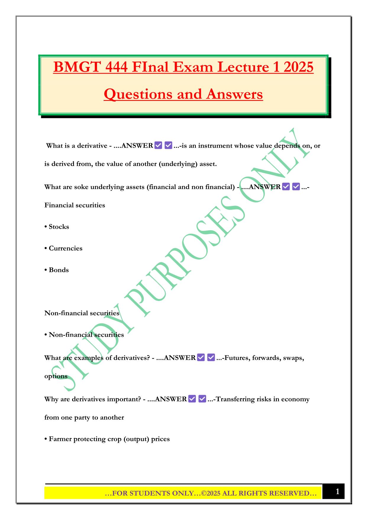 BMGT 444 FInal Exam Lecture 1 2025 Questions and Answers