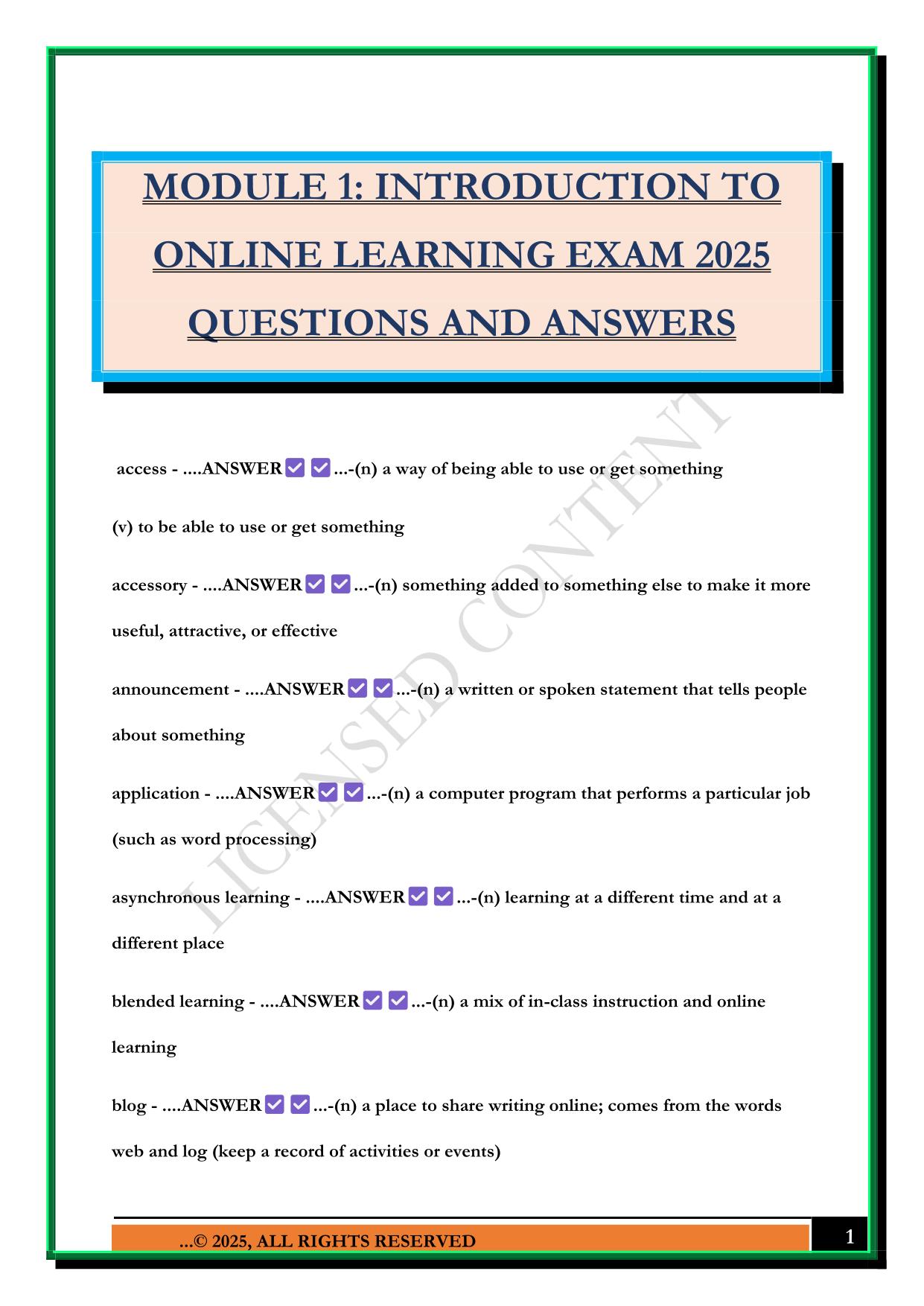 MODULE 1: INTRODUCTION TO ONLINE LEARNING EXAM 2025 QUESTIONS AND ANSWERS