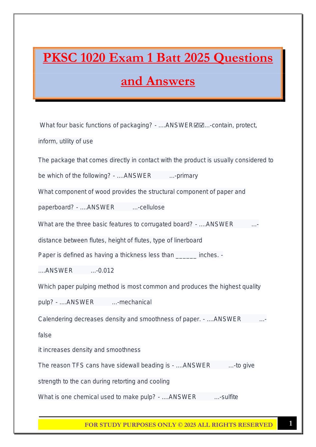 PKSC 1020 Exam 1 Batt 2025 Questions and Answers