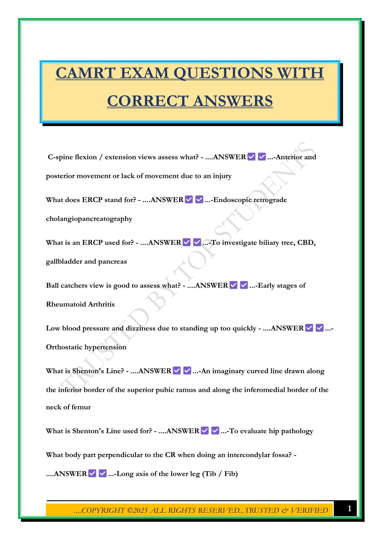 CAMRT EXAM QUESTIONS WITH CORRECT ANSWERS