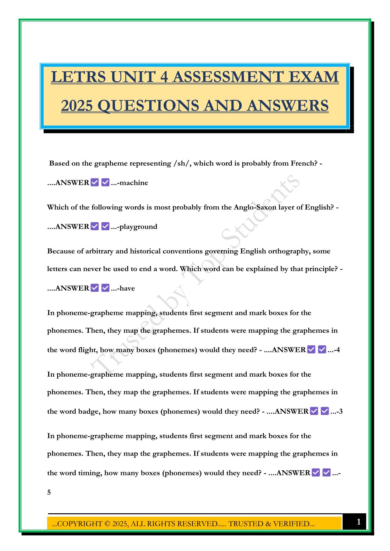 LETRS UNIT 4 ASSESSMENT EXAM 2025 QUESTIONS AND ANSWERS