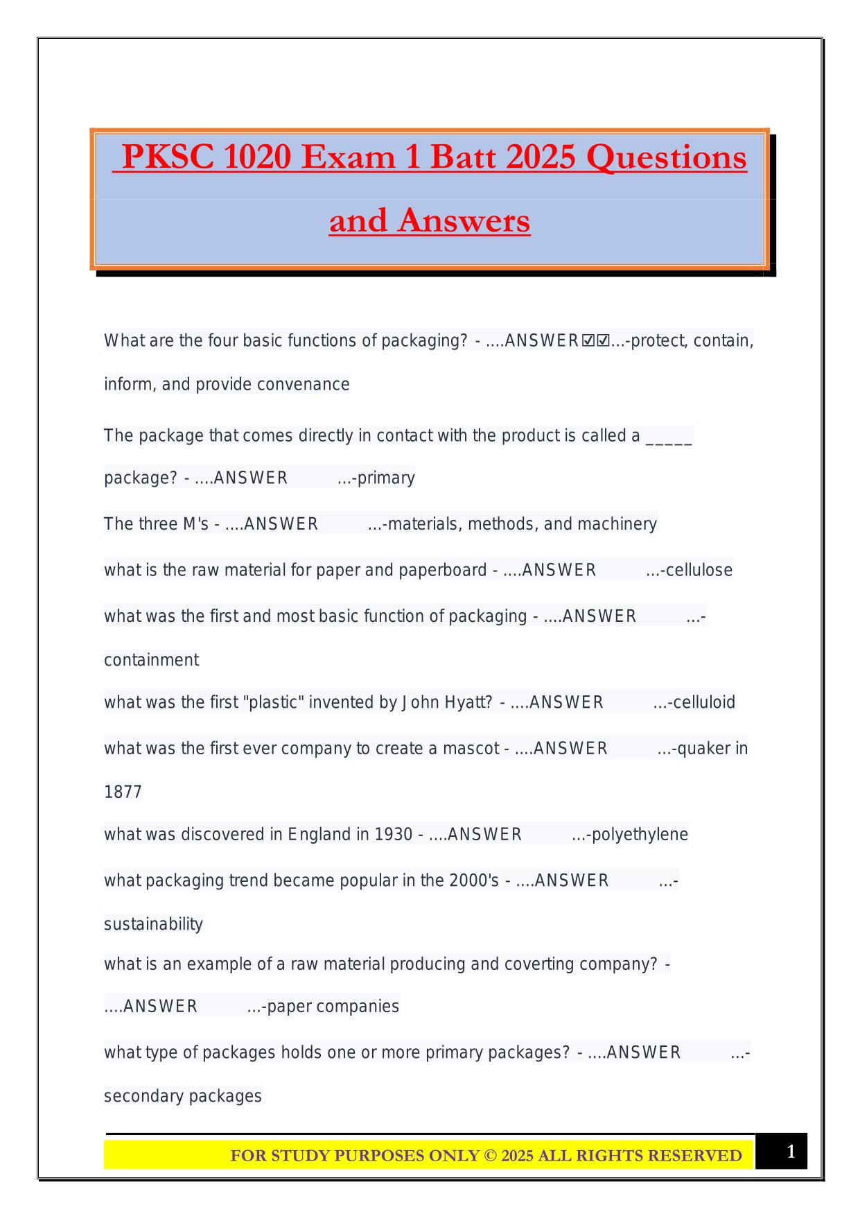PKSC 1020 Exam 1 Batt 2025 Questions and Answers