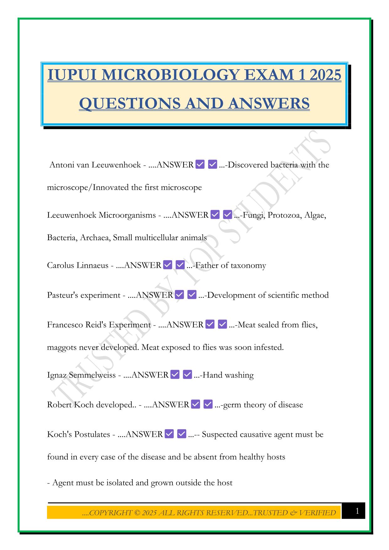 IUPUI MICROBIOLOGY EXAM 1 2025 QUESTIONS AND ANSWERS