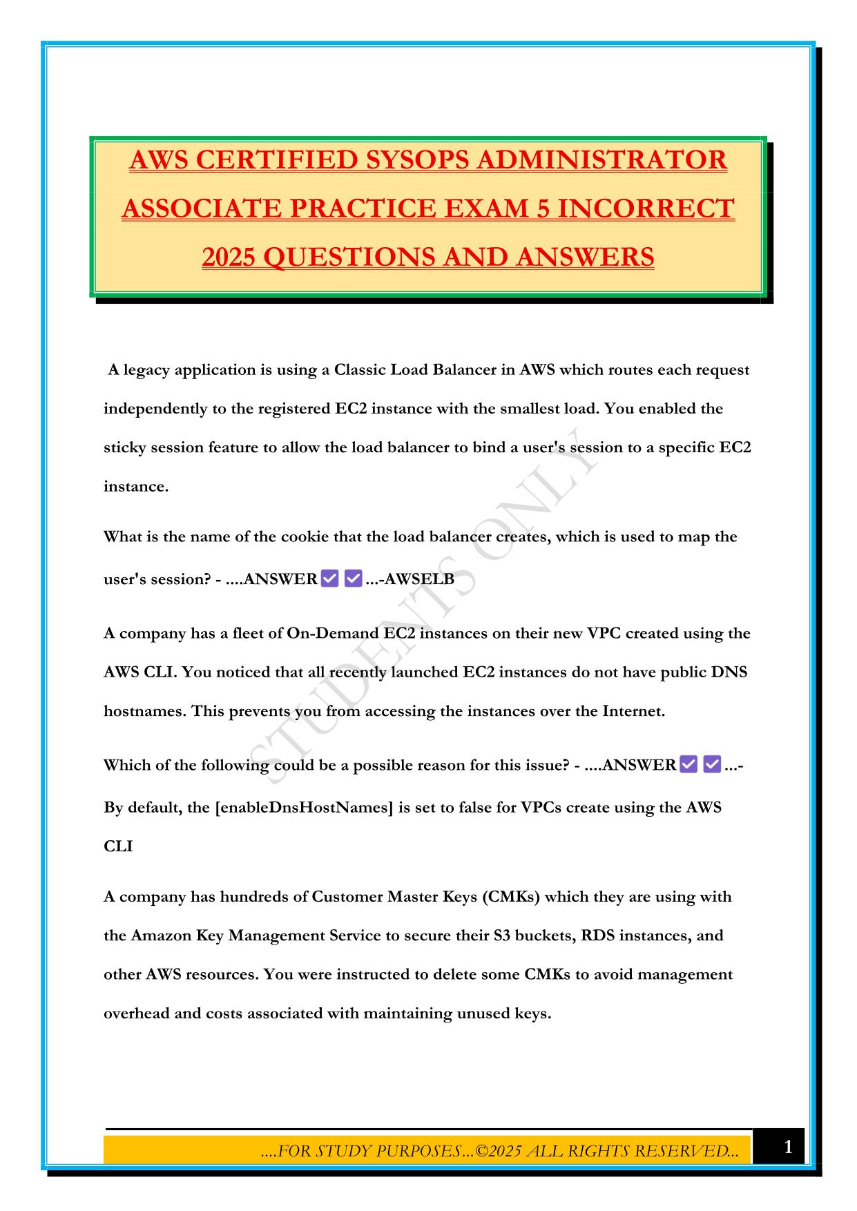 AWS CERTIFIED SYSOPS ADMINISTRATOR ASSOCIATE PRACTICE EXAM 5 INCORRECT 2025 QUESTIONS AND ANSWERS