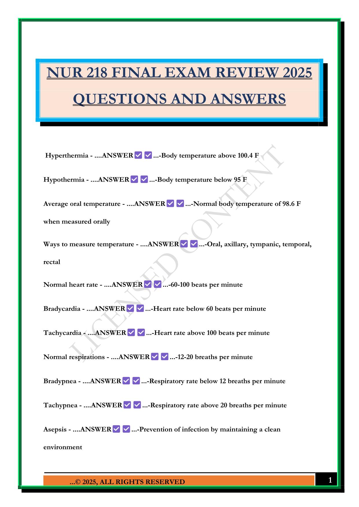 NUR 218 FINAL EXAM REVIEW 2025 QUESTIONS AND ANSWERS