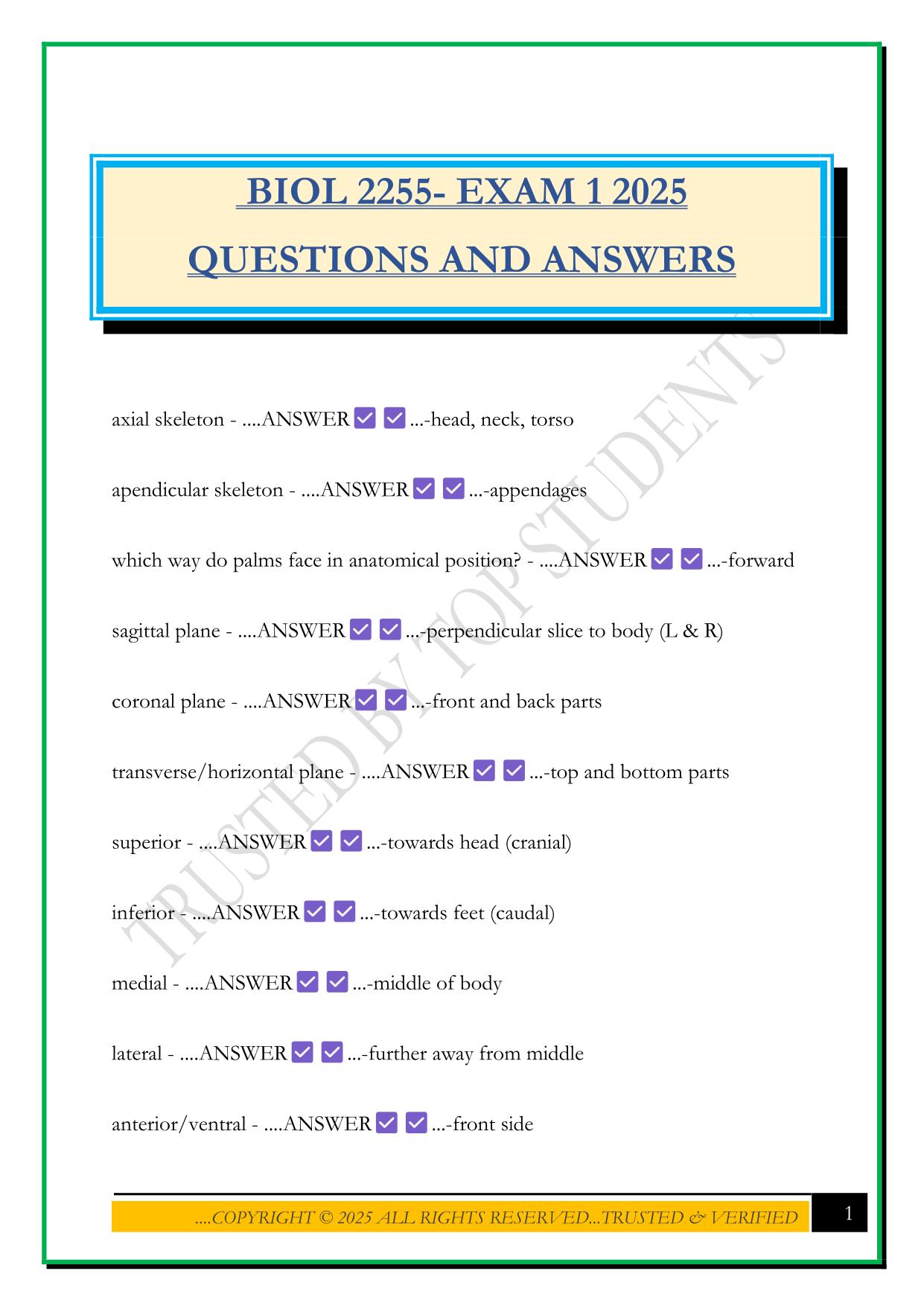 BIOL 2255- EXAM 1 2025 QUESTIONS AND ANSWERS