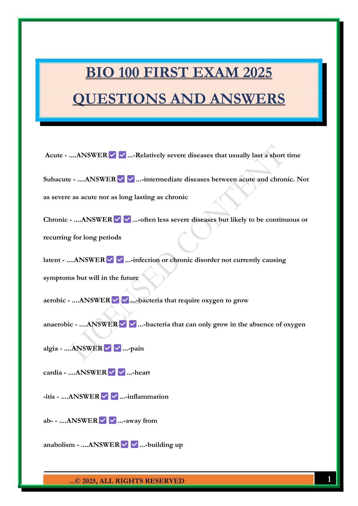 BIO 100 FIRST EXAM 2025 QUESTIONS AND ANSWERS