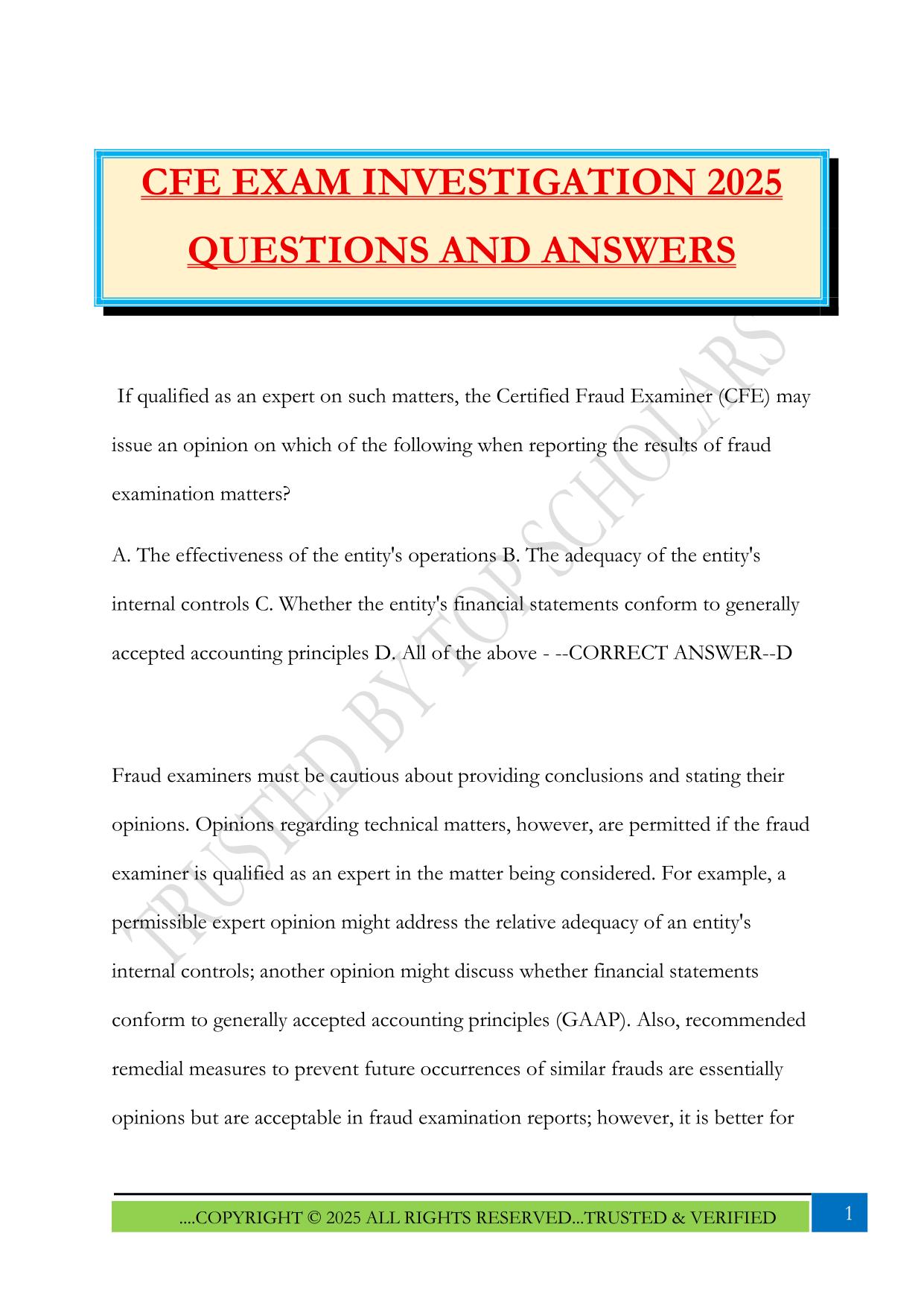 CFE EXAM INVESTIGATION 2025 QUESTIONS AND ANSWERS