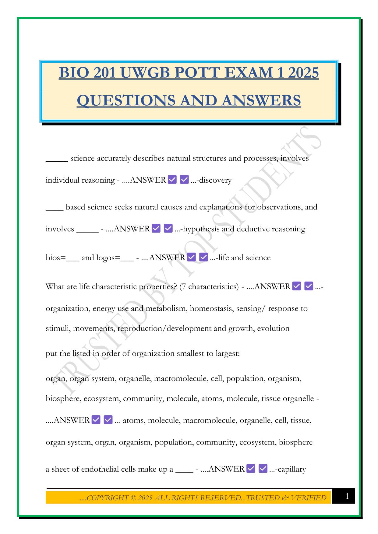 BIO 201 UWGB POTT EXAM 1 2025 QUESTIONS AND ANSWERS