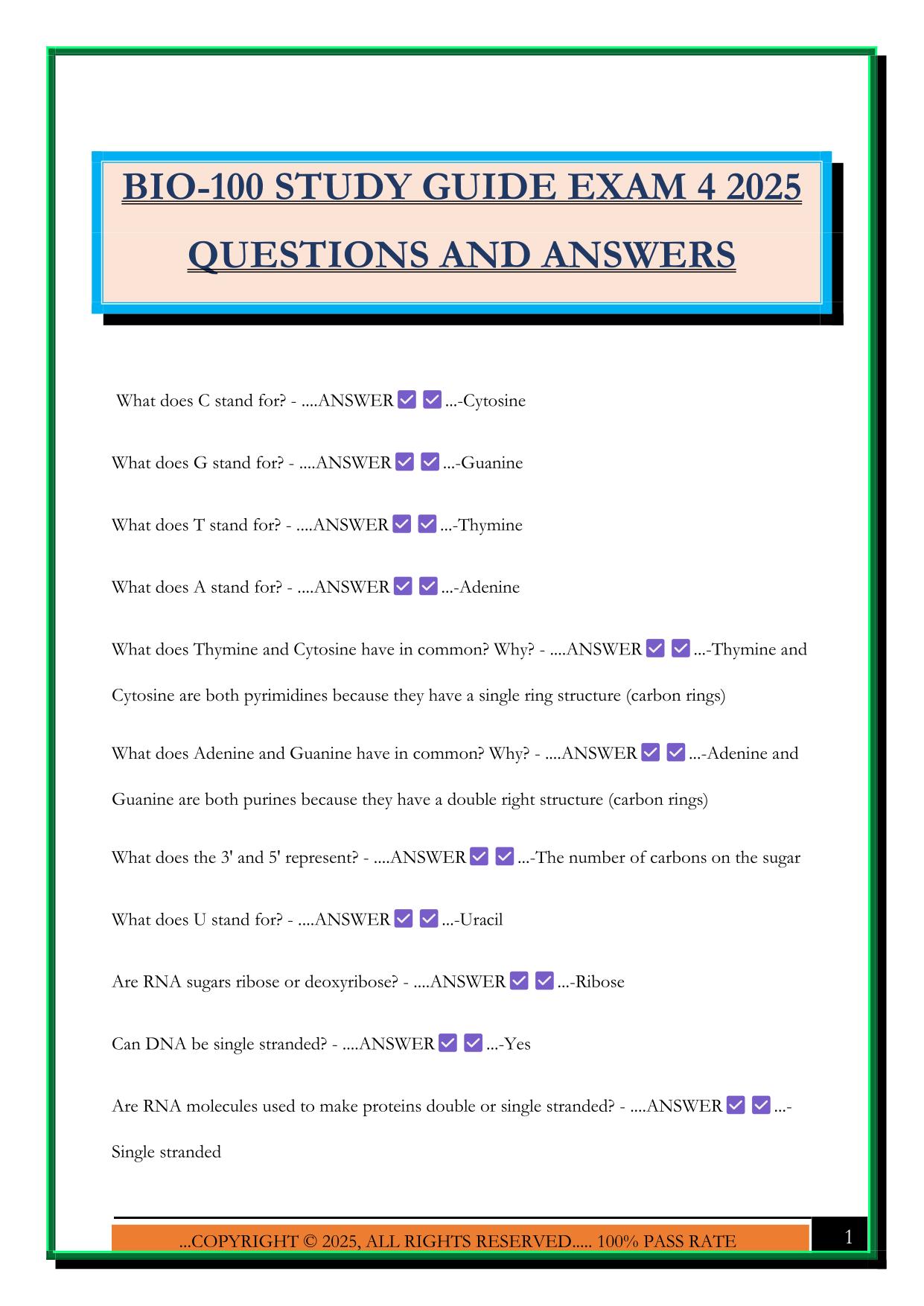 BIO-100 STUDY GUIDE EXAM 4 2025 QUESTIONS AND ANSWERS