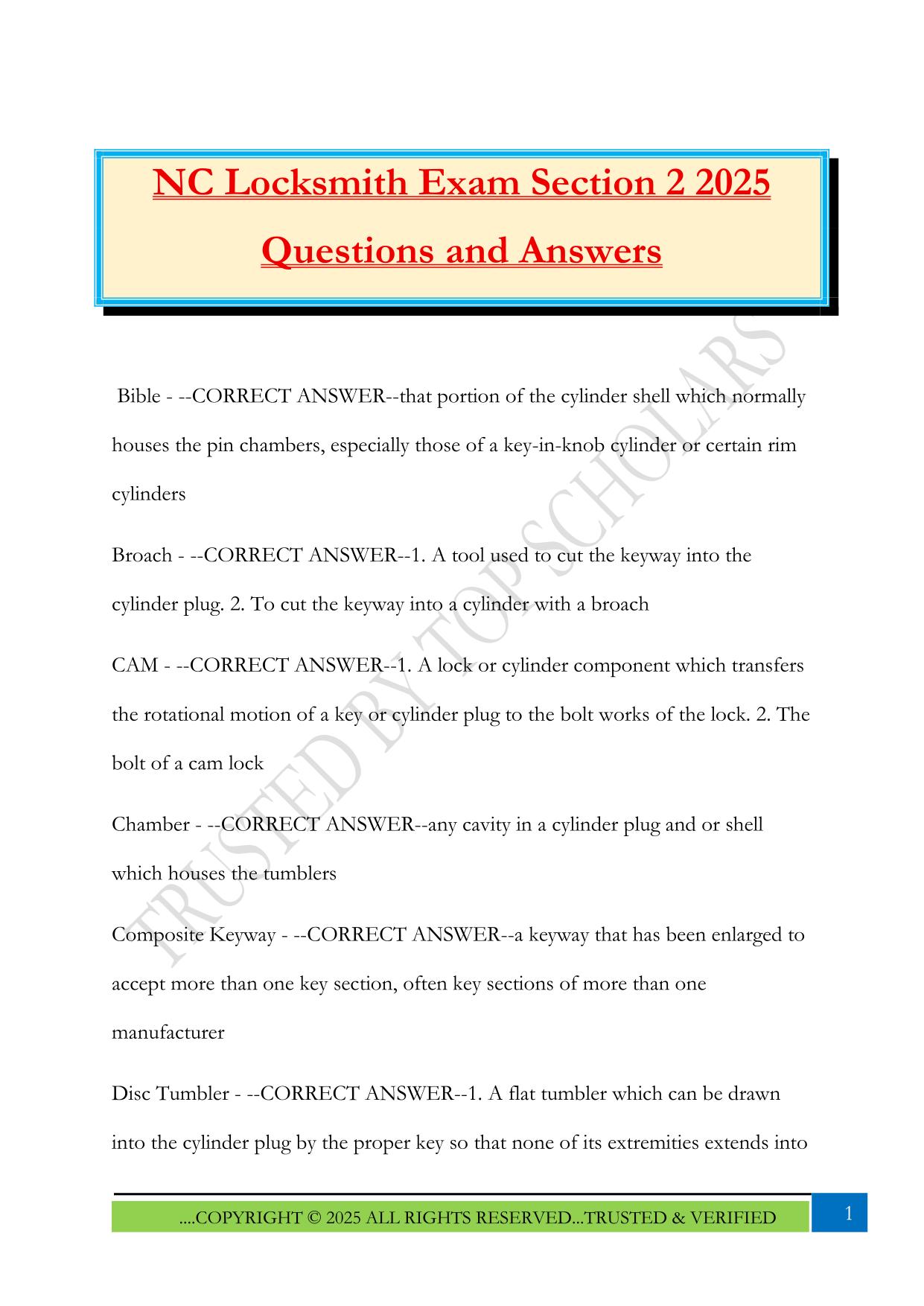 NC Locksmith Exam Section 2 2025 Questions and Answers
