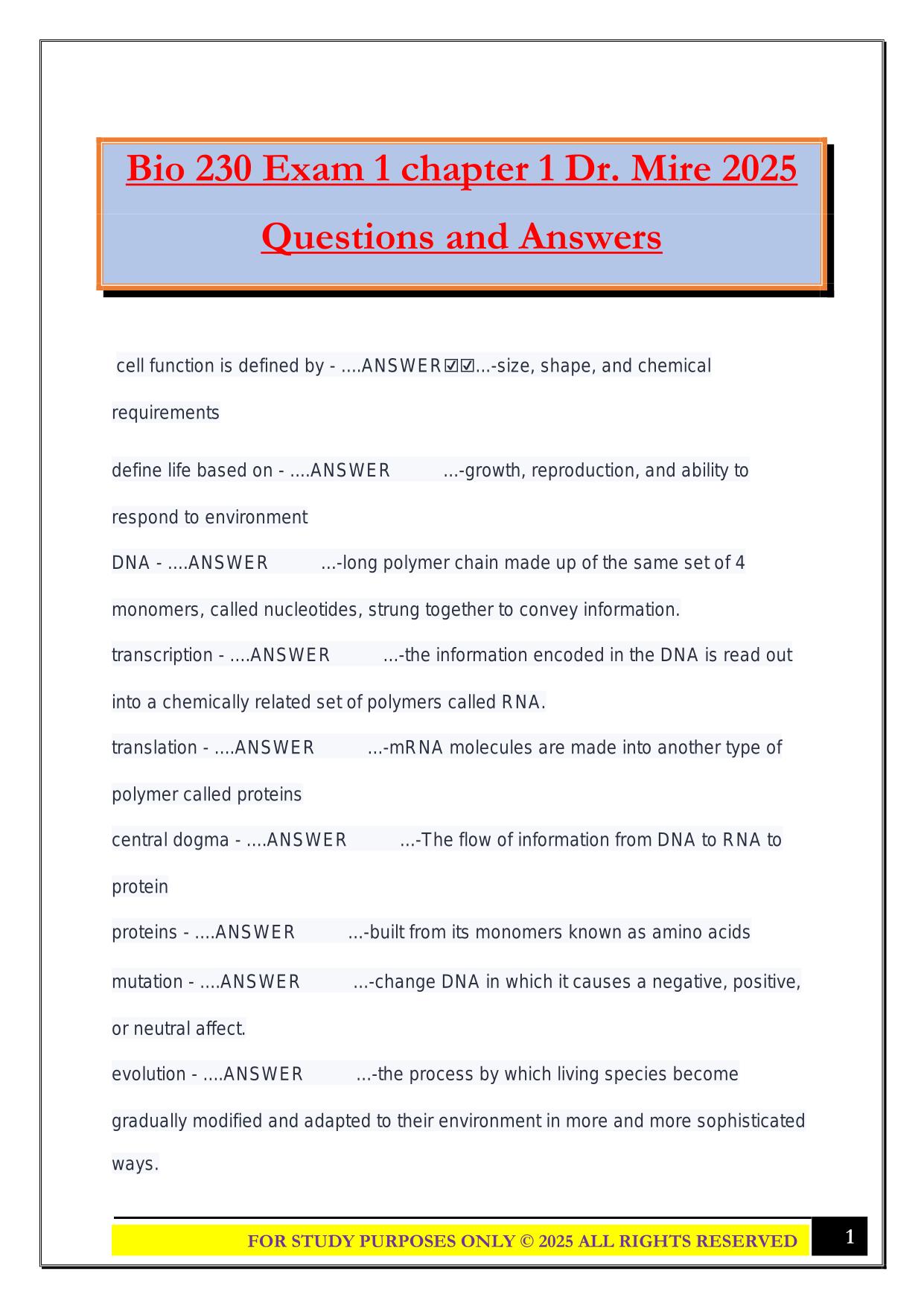 Bio 230 Exam 1 chapter 1 Dr. Mire 2025 Questions and Answers