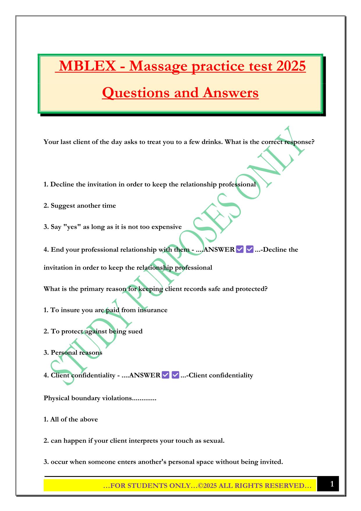 MBLEX - Massage practice test 2025 Questions and Answers