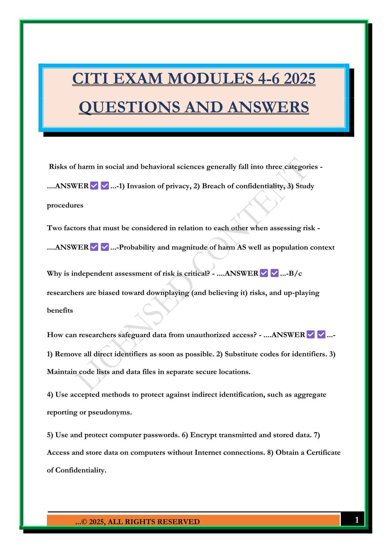 CITI EXAM MODULES 4-6 2025 QUESTIONS AND ANSWERS